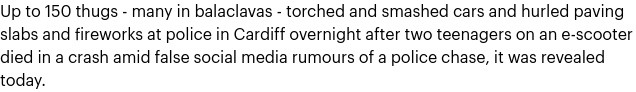 Paragraph from Daily Mail article -- Rioters burn and overturn cars and charge at police on Cardiff estate